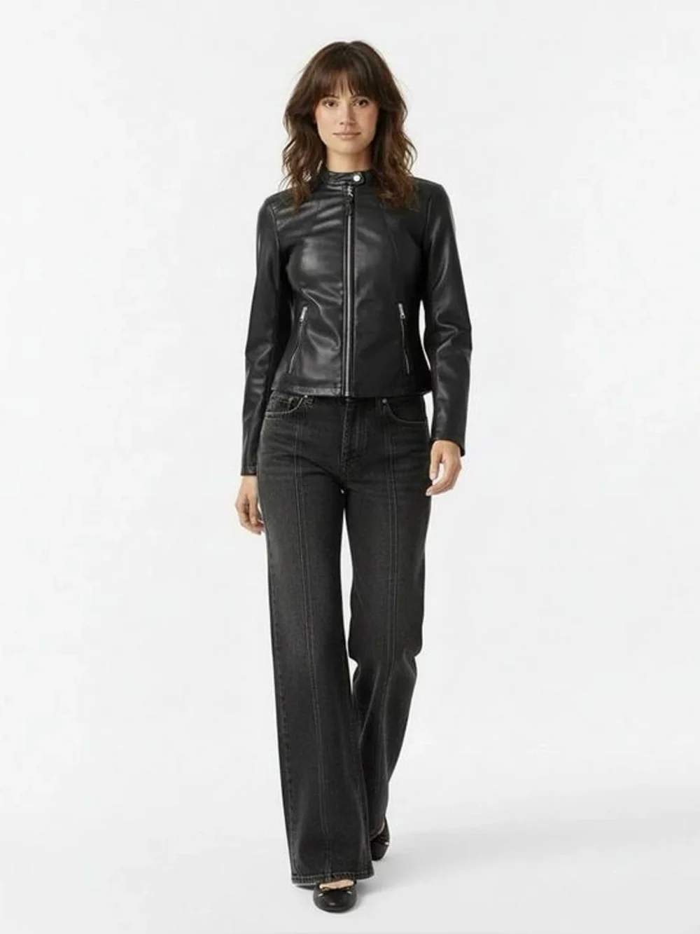 DKNY Black Faux Leather Mock-Neck Moto Biker Jacket Full-Zip NWOT Large